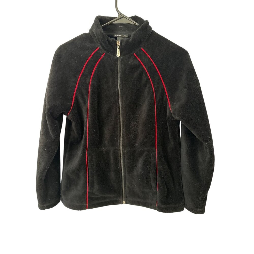 Vintage Y2K Women's Small Black/Red Fleece Jacket with Rhinestone Zipper‎ Pull